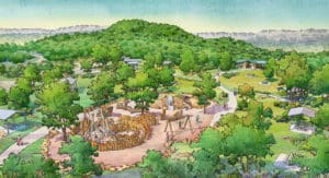Rendering of the day-use area and playscape at Palo Pinto Mountains State Park