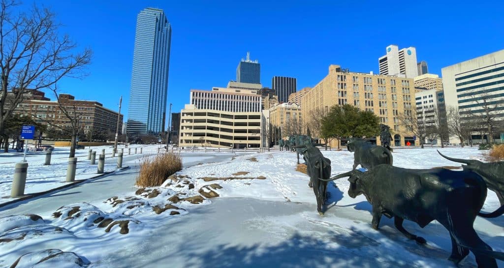 Photo of sculptures covered in snow in Dallas on a cold snowy winter day