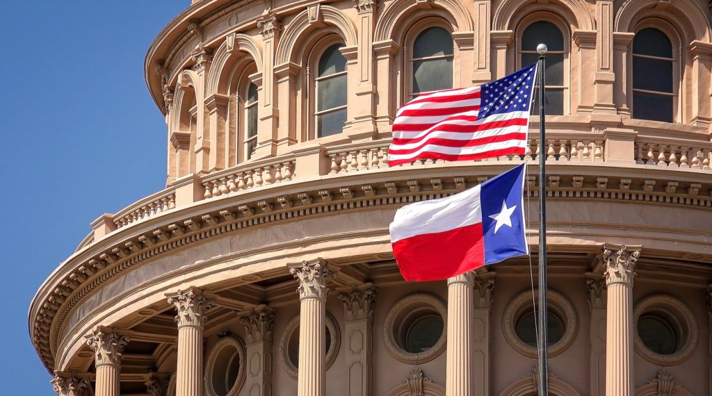 Photo of the Texas flag and the United States flag
