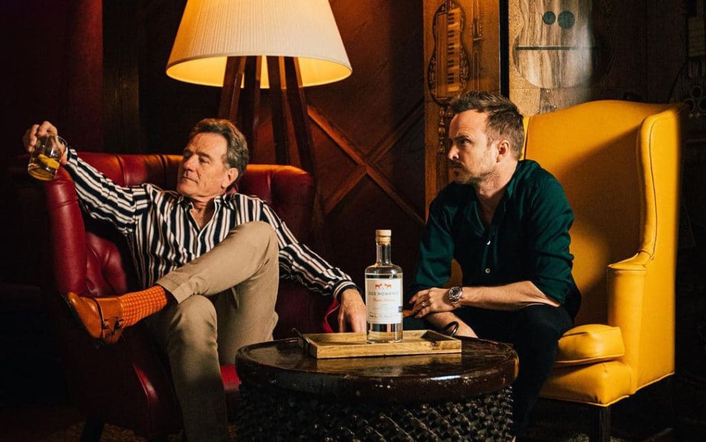 Photo of Breaking Bad actors Bryan Cranston and Aaron Paul promoting their mezcal brand Dos Hombres