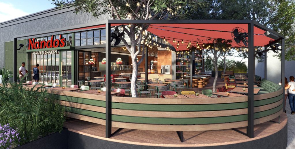 Image of a rendering of the new Nando's location coming to Addison's Village on the Parkway this year