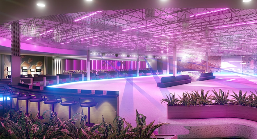 Image showing a rendering of what the Ride On rink in Dallas Design District will look like with seats and plants
