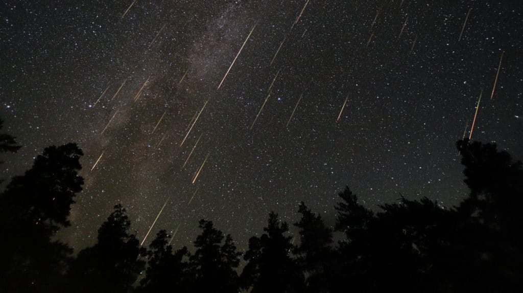 Image of the Lyrid Meteor Shower photographed at night against the background of the Milky Way over a forest.