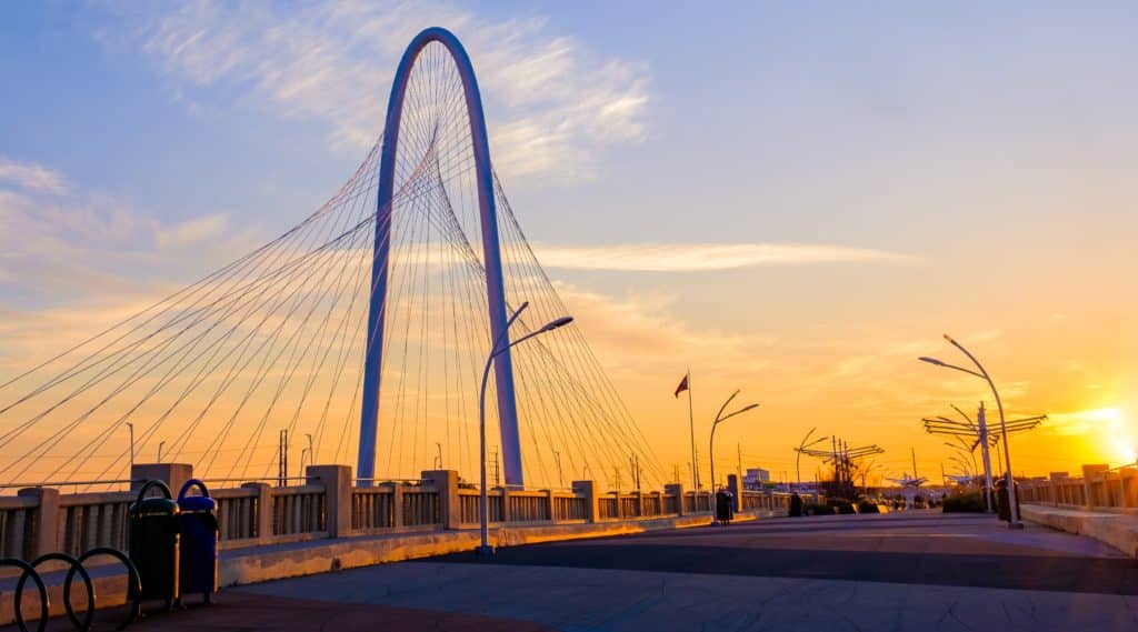 A photo of Margaret Hunt Hill Bridge at sunset in Dallas, Texas