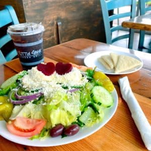 Salad, drink and side from Little Greek Fresh Grill in Dallas